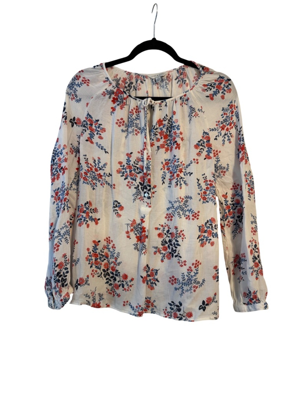 Lucky Brand White Floral Tie-Front Blouse with Red & Blue Print